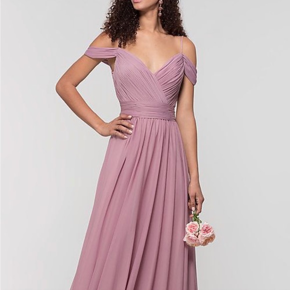 NWOT Kleinfeld Cold-Shoulder Chiffon Mauve Gown, Size 4 - Picture 2 of 11